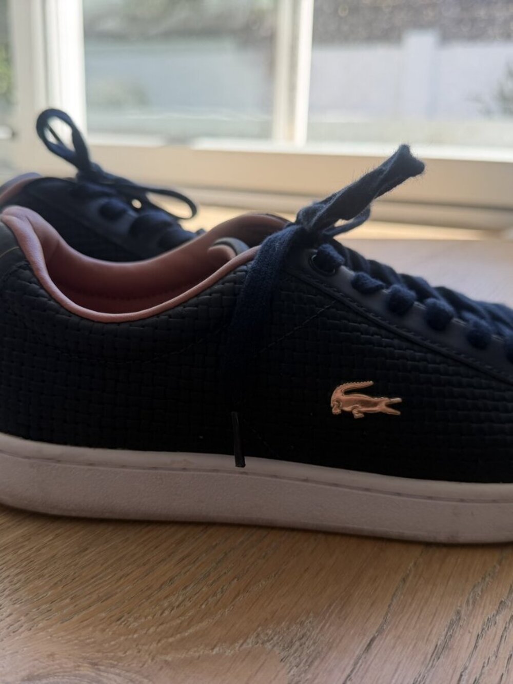 Lacoste Carnaby Evo 118 5 SPW Womens 7.5 Navy Blush Pink Woven Sneakers EU 39